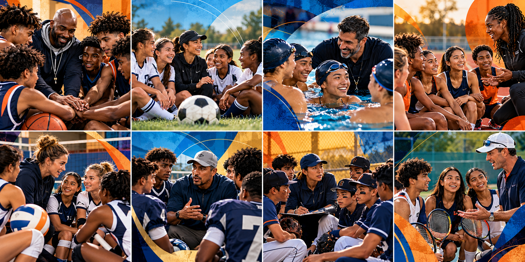 Eight scenes of coaches huddled close with their teenage teams — basketball, soccer, swim, track, volleyball, football, baseball and tennis — listening, teaching and laughing together, framed in bold blues and orange